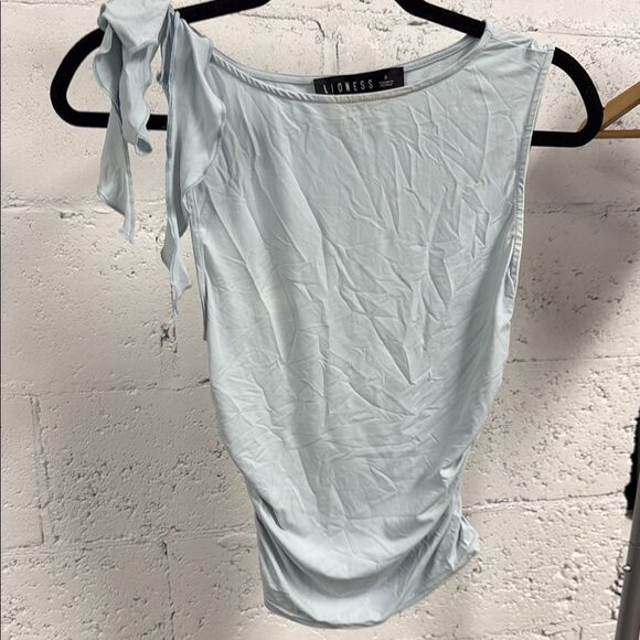 Lioness Blue Asymmetrical Ruched Tank - Cute Sleeves Cinched Waist - Small - Picture 1 of 4